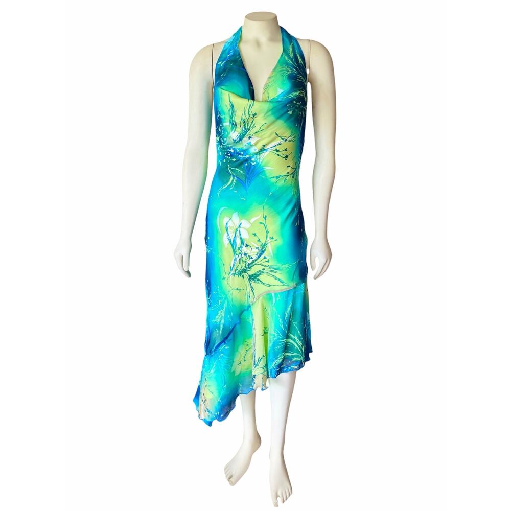 Cache Women's Size 12 Halter Dress Floral Watercolor Asymmetrical Hem Y2K - Picture 2 of 13